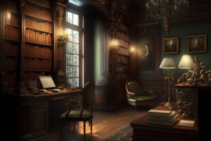 Old, classically styled library room. Generative AI